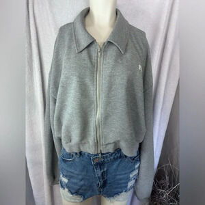 Classic Collection Cropped Zip Up Jacket Collared Gray Sweatshirt